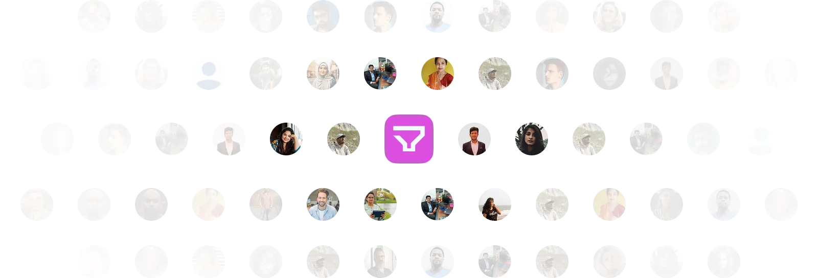 Representative image showing the Frappe CRM logo in the middle of a grid full of profile pictures of our users, showcasing the community aspect of our product
