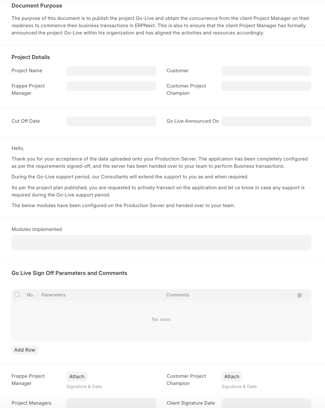Go live sign off template