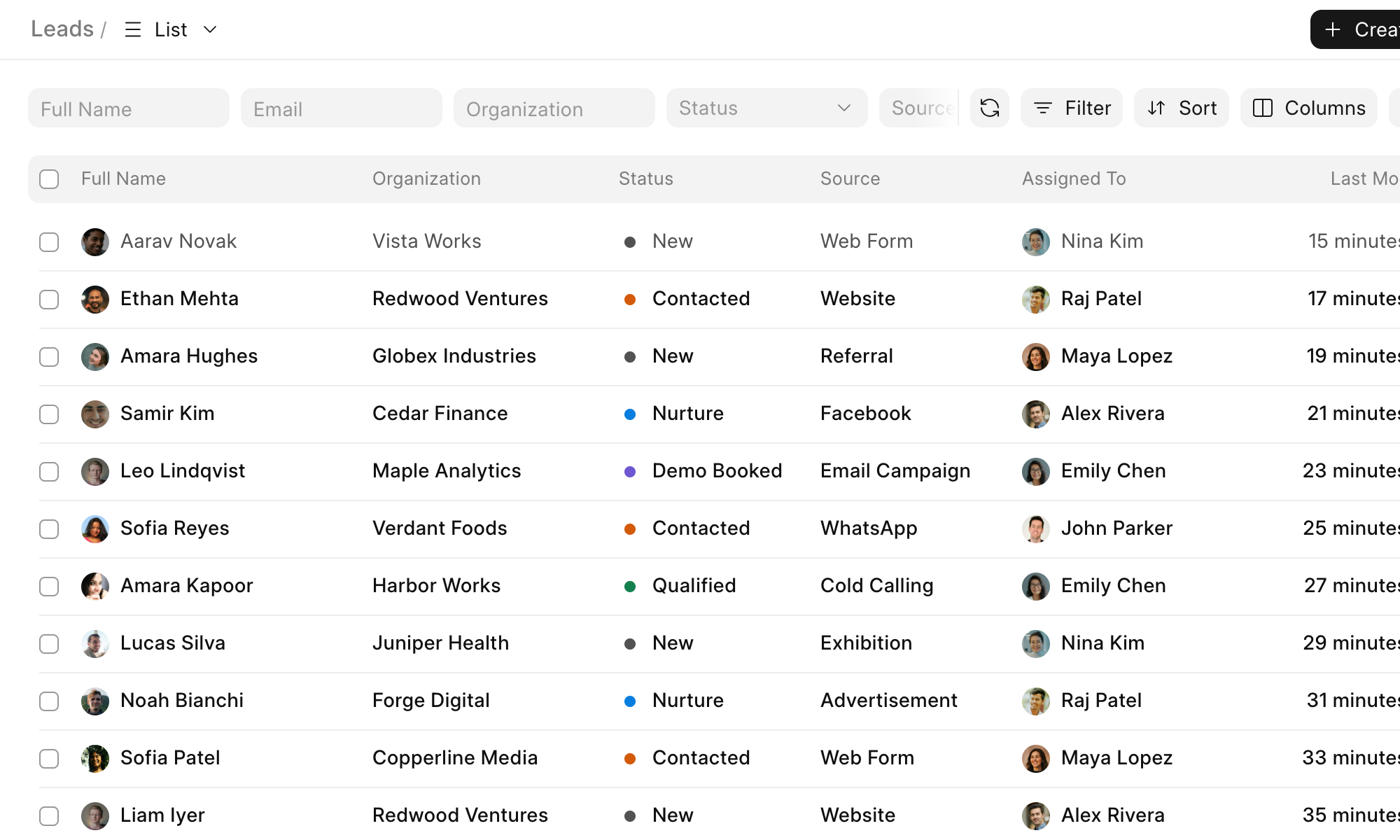 Leads list with status, source and the salesperson each lead is assigned to