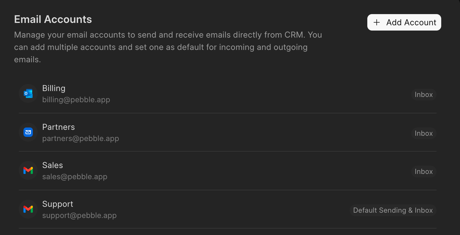 Email accounts connected in Frappe CRM settings