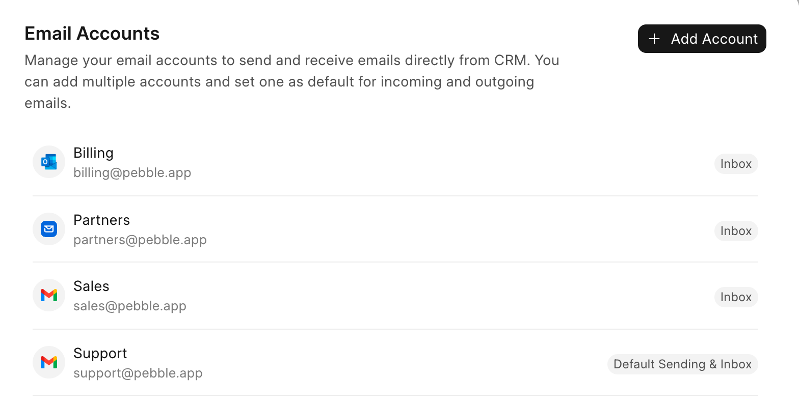 Email accounts connected in Frappe CRM settings