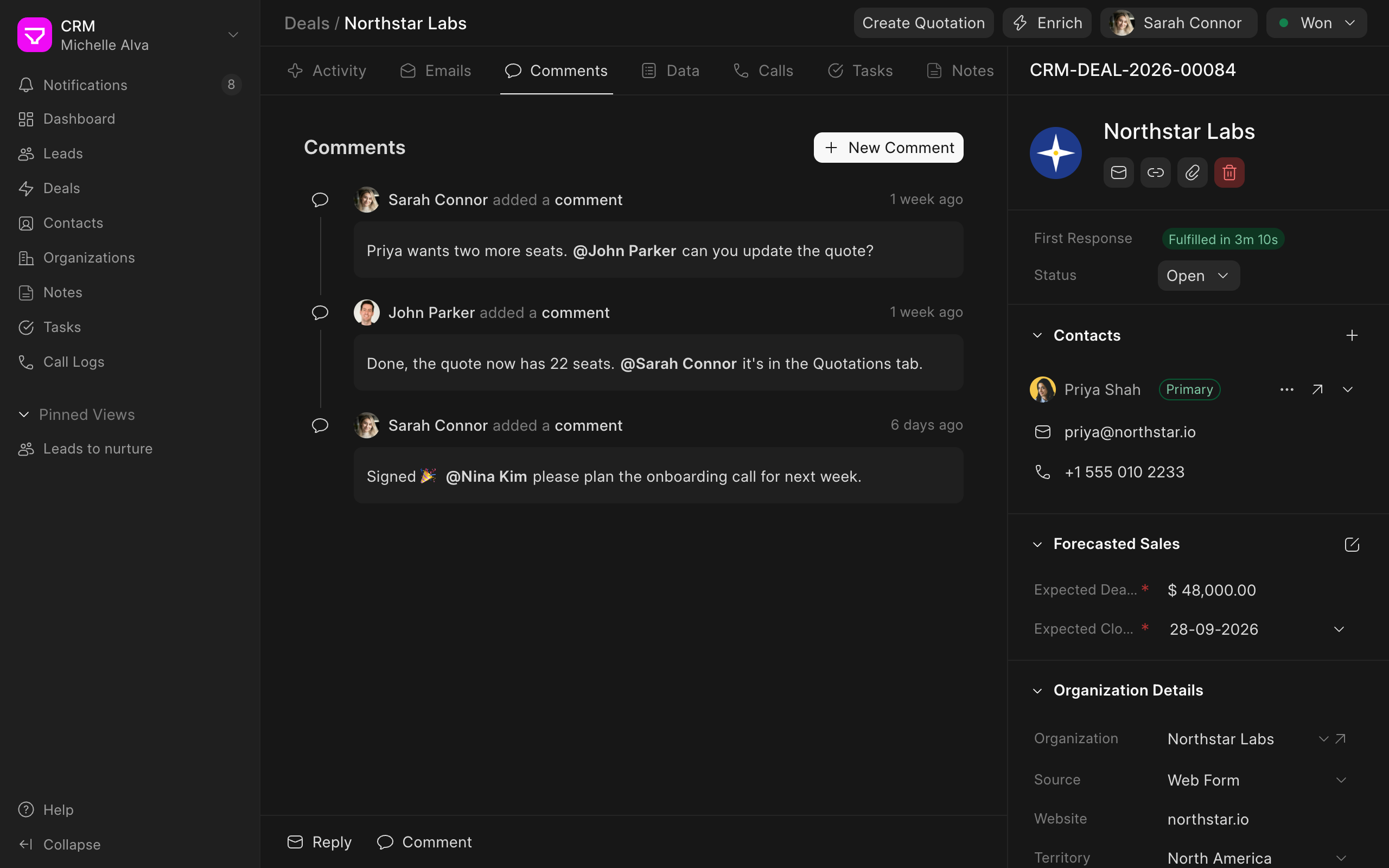 Comments with mentions on a deal