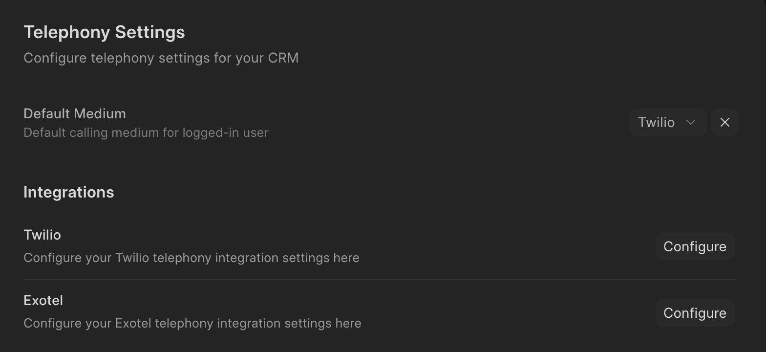 Telephony settings with Twilio and Exotel