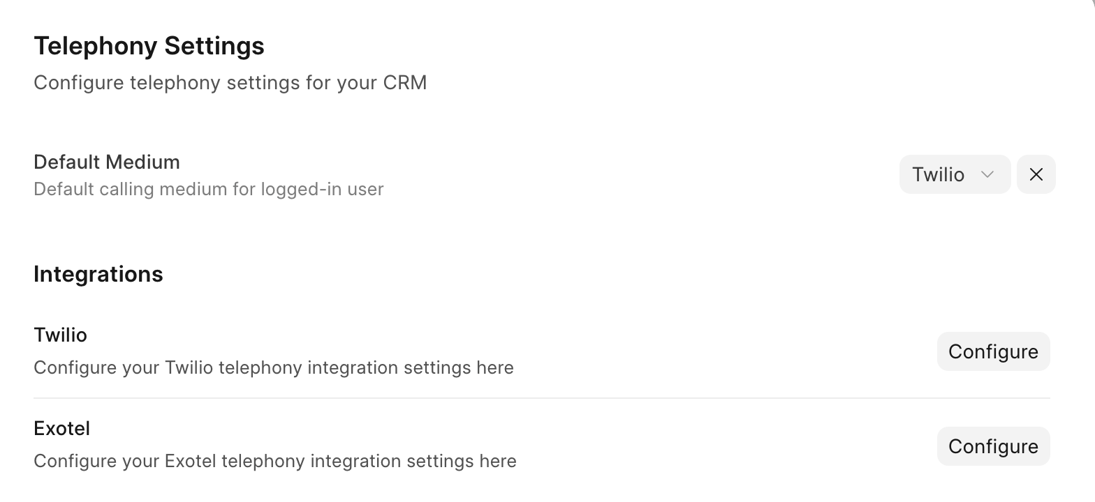 Telephony settings with Twilio and Exotel