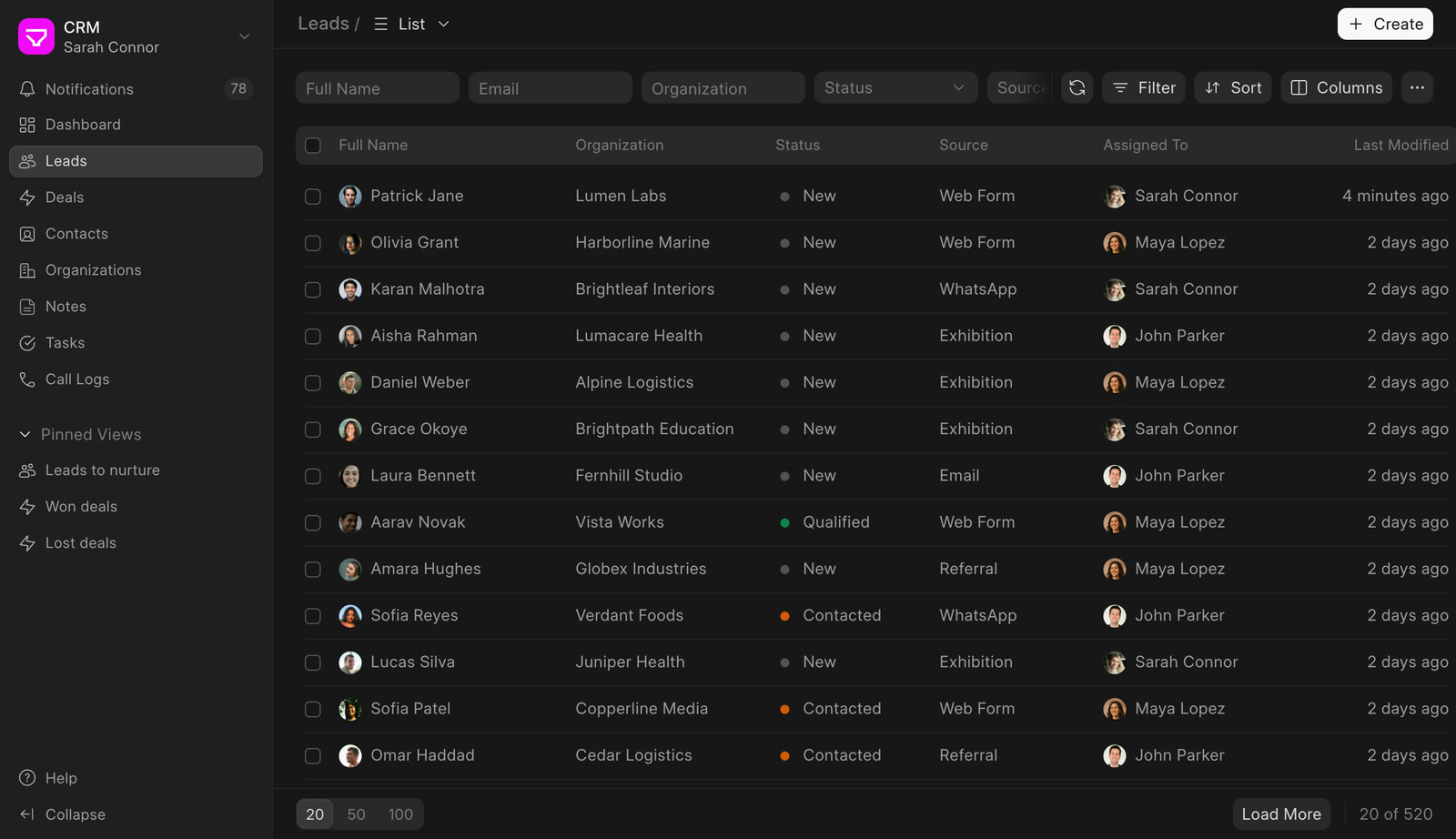 Frappe CRM leads list