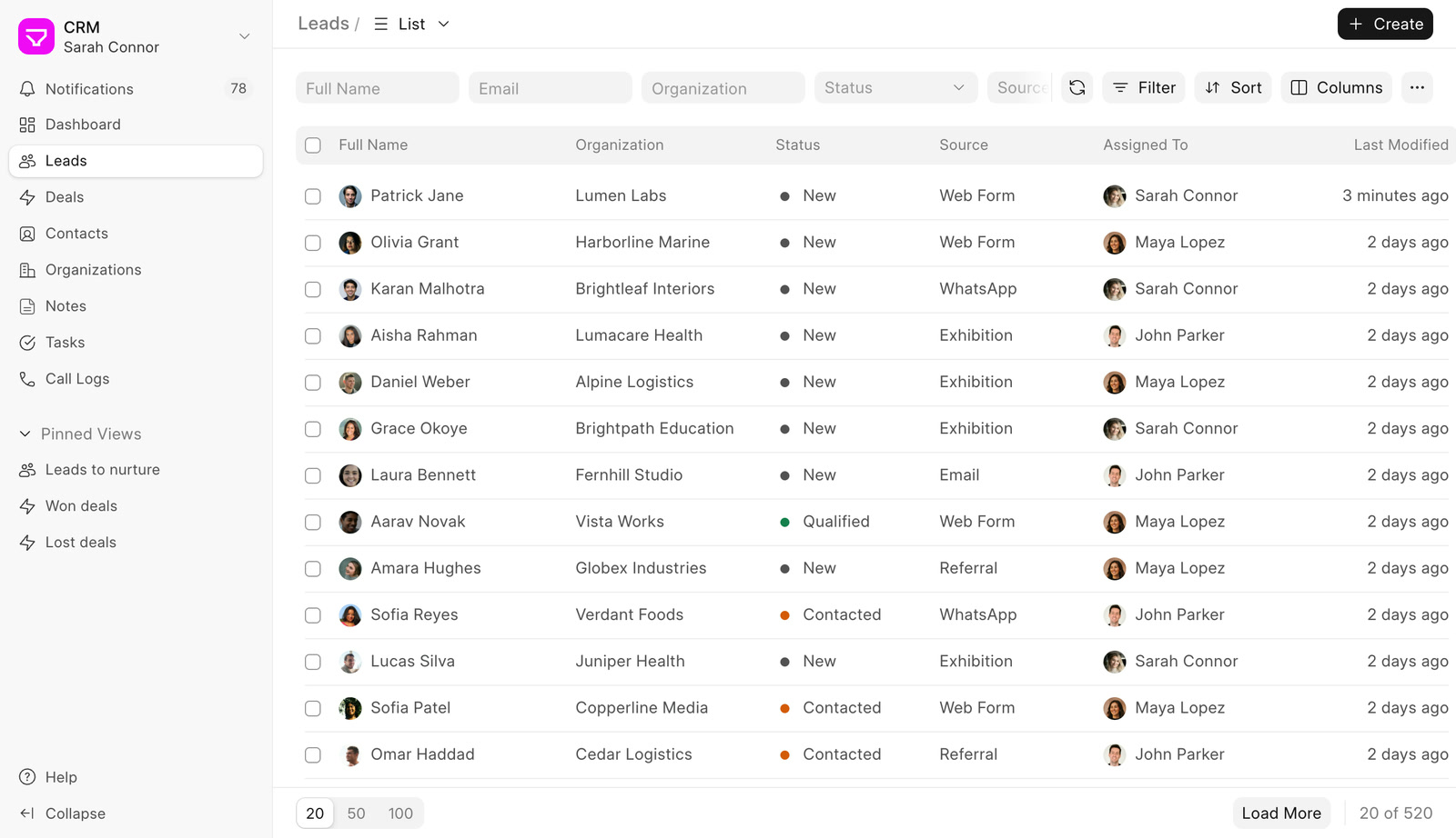 Frappe CRM leads list