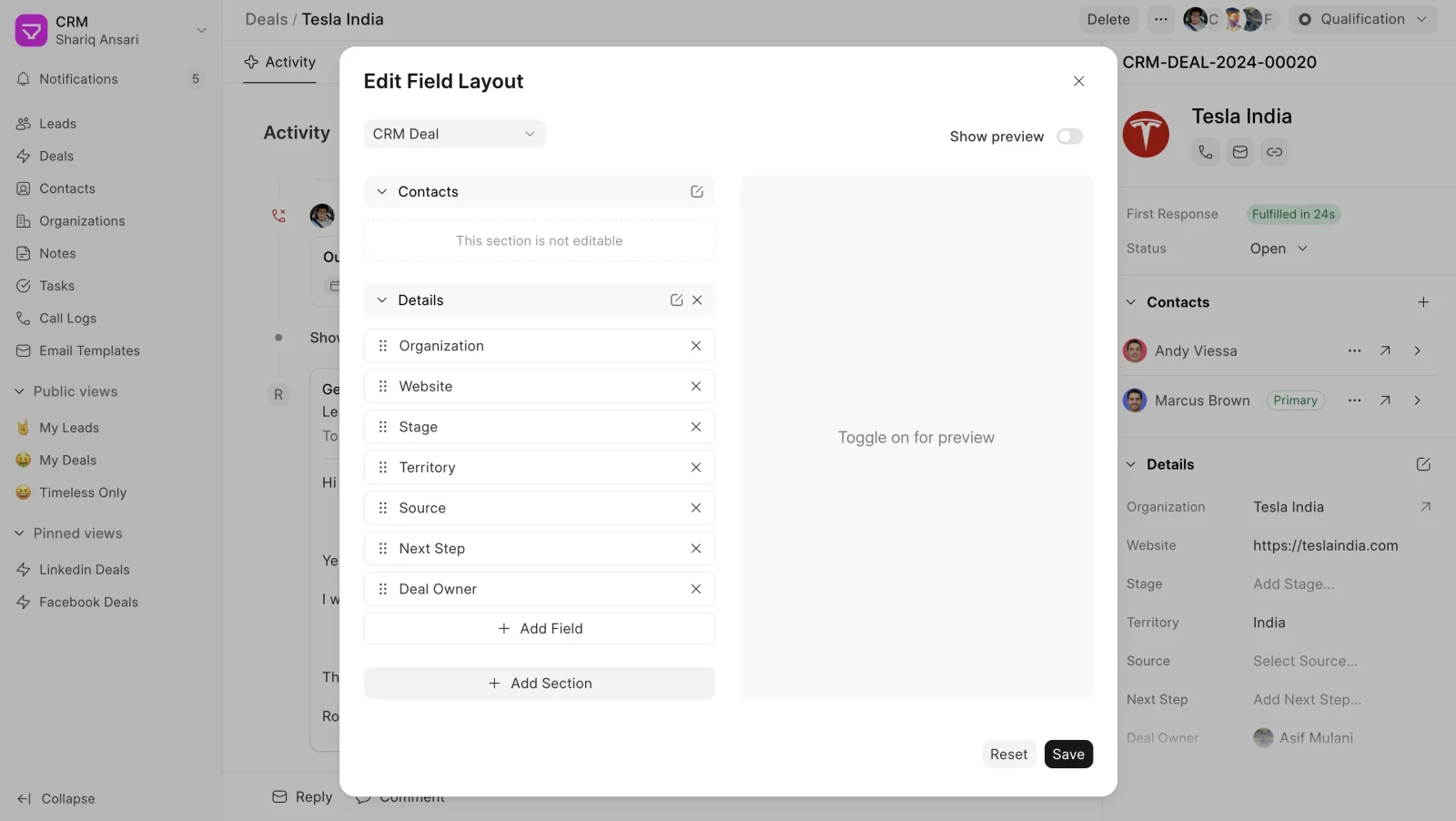 Screenshot showing Frappe CRM's Edit Field Layout options that allow users to customize their deal or lead forms
