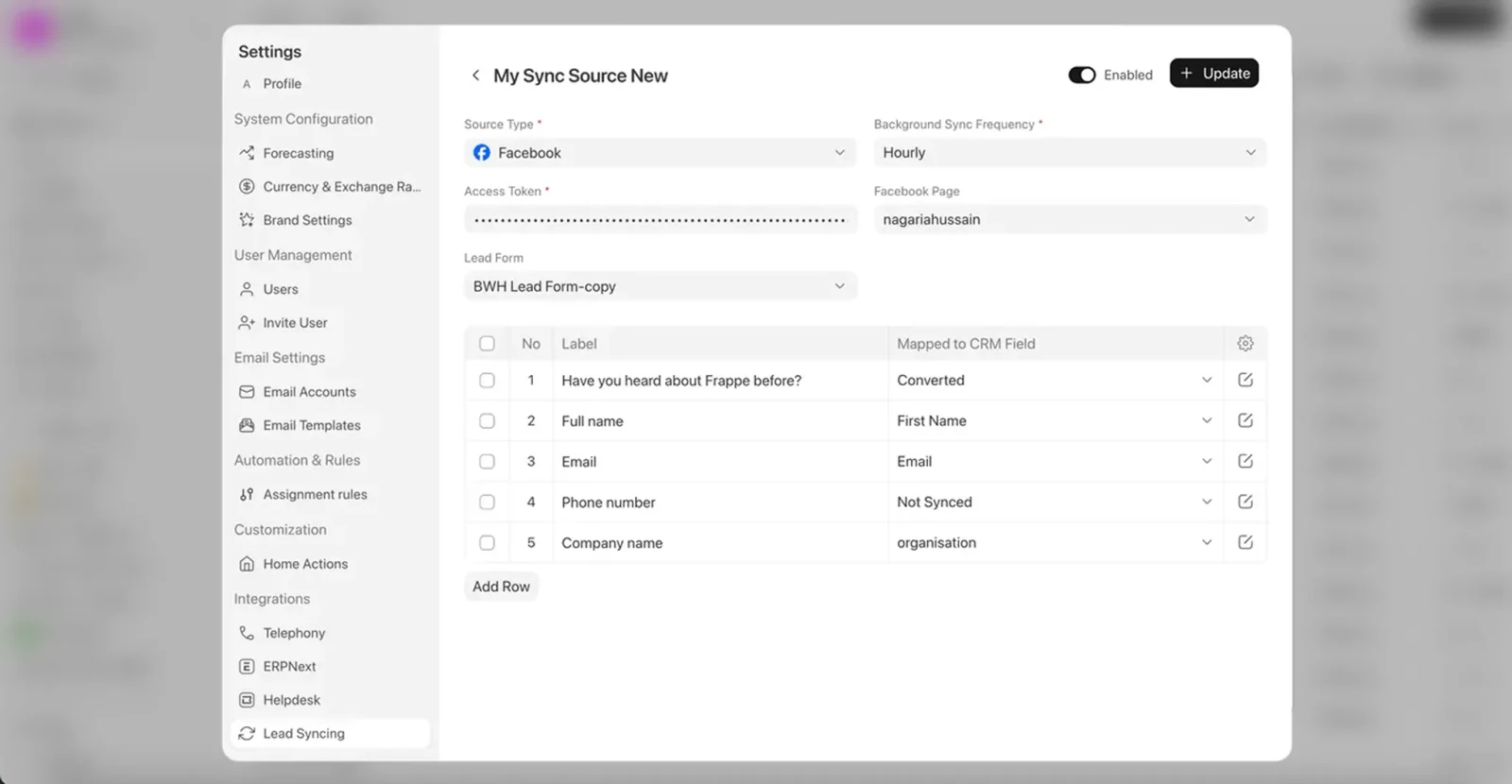 Screen showcasing Frappe CRM's setting page for Lead syncing, that allows your sales team to automatically log any incoming lead from Facebook and Instagram as a lead