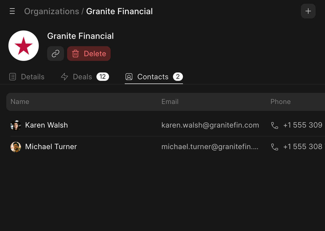 Granite Financial in Frappe CRM with its two contacts, Karen Walsh and Michael Turner