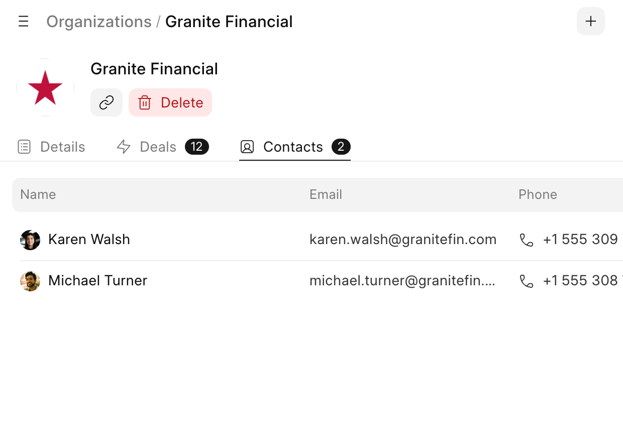 Granite Financial in Frappe CRM with its two contacts, Karen Walsh and Michael Turner