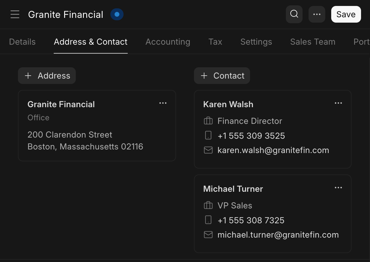The Granite Financial customer in ERPNext with the same office address and the same two contacts