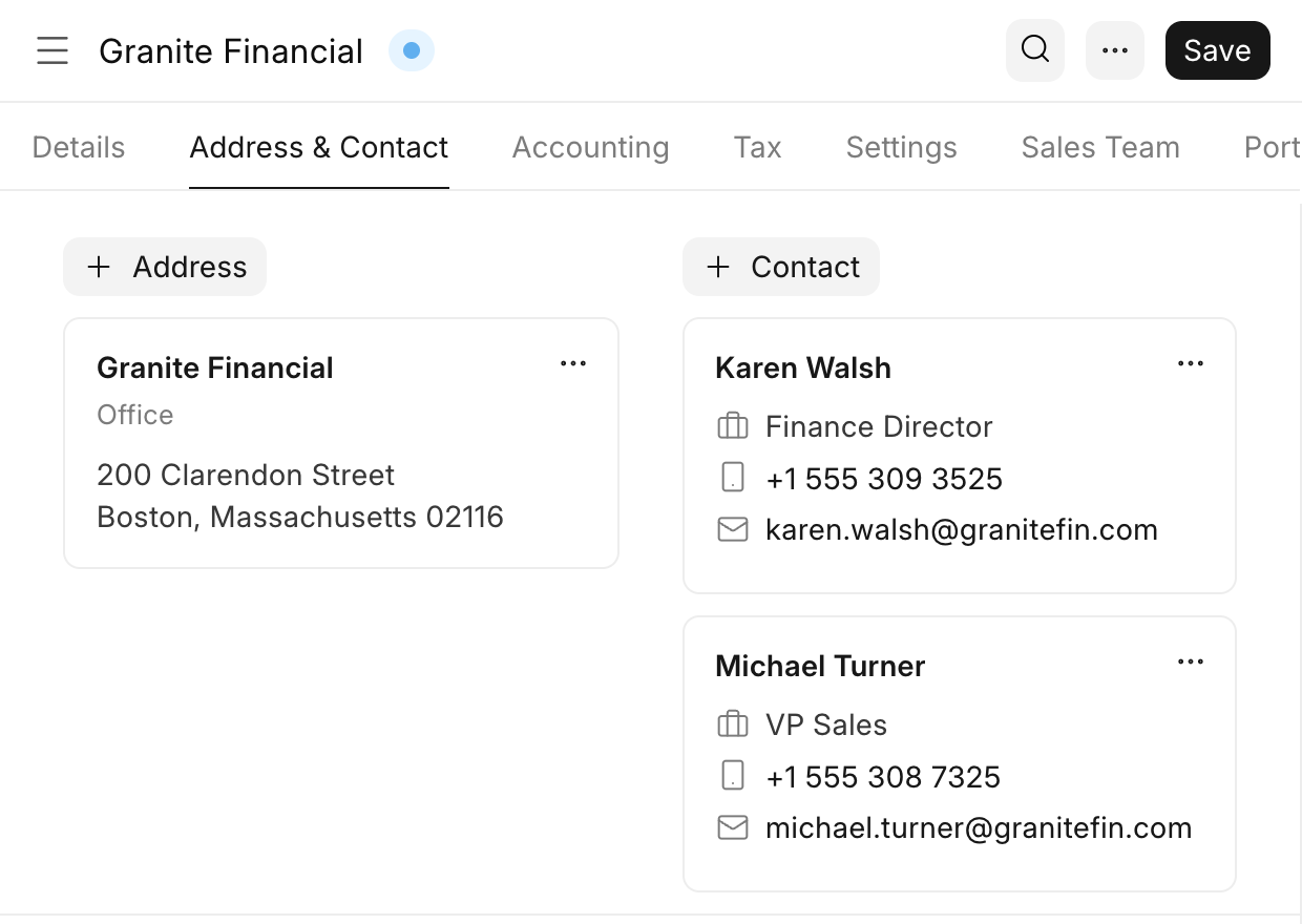 The Granite Financial customer in ERPNext with the same office address and the same two contacts