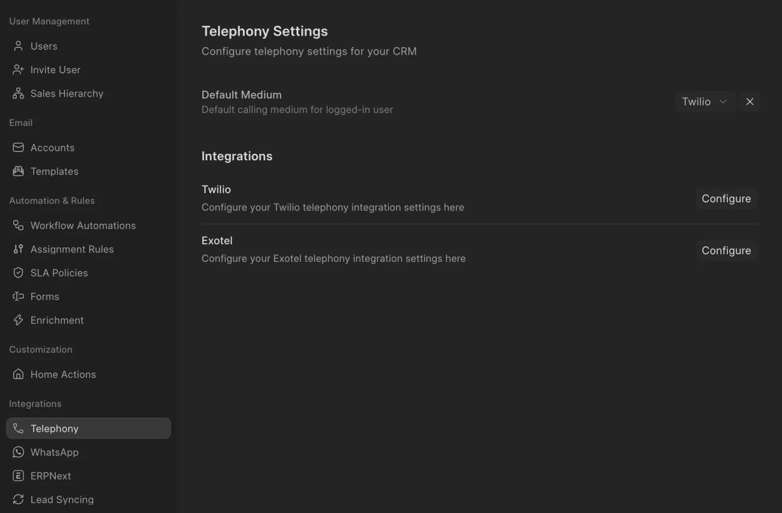 Twilio and Exotel in the telephony settings of Frappe CRM