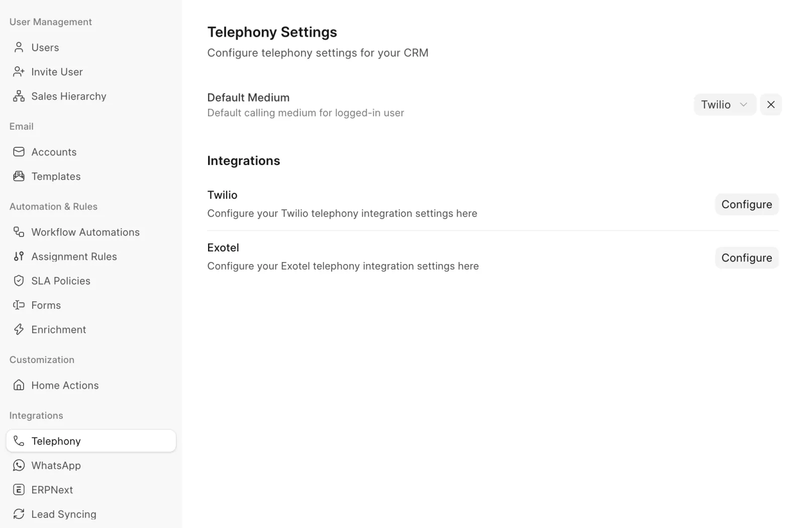 Twilio and Exotel in the telephony settings of Frappe CRM