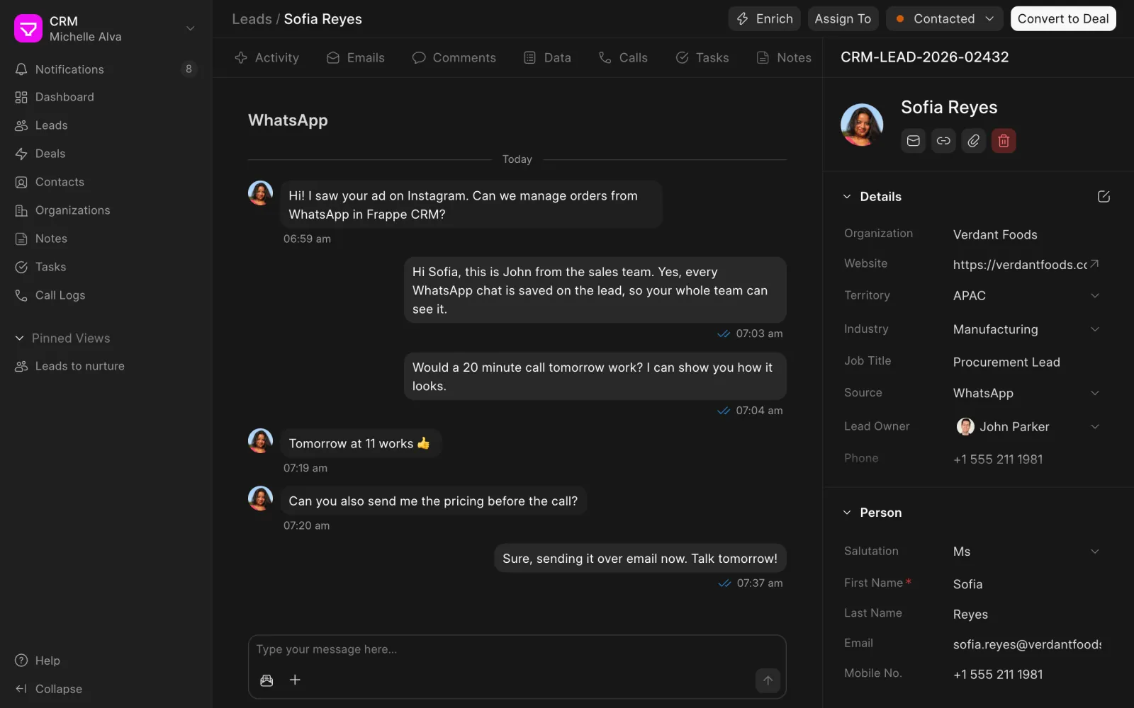WhatsApp chat with a lead in Frappe CRM