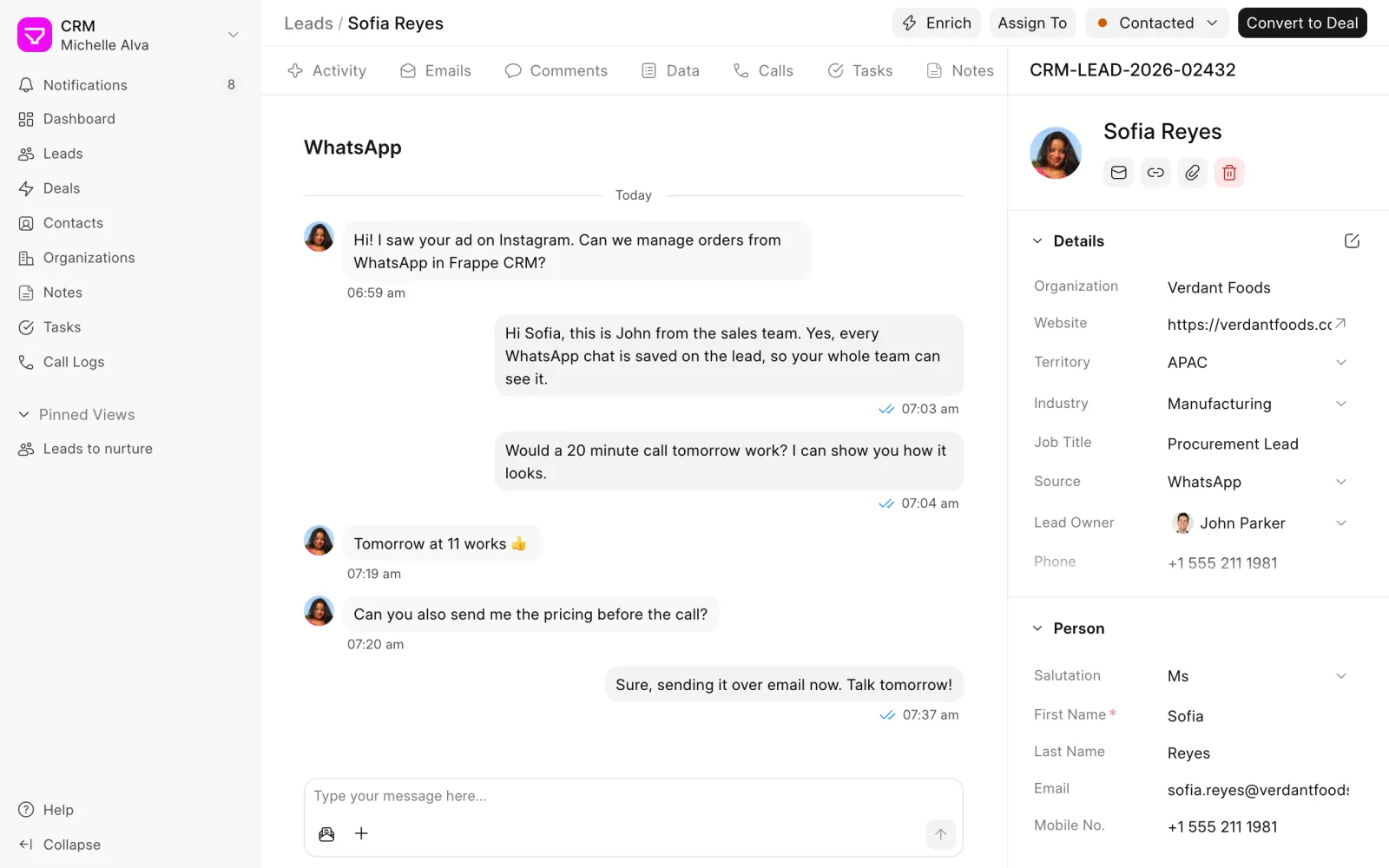 WhatsApp chat with a lead in Frappe CRM
