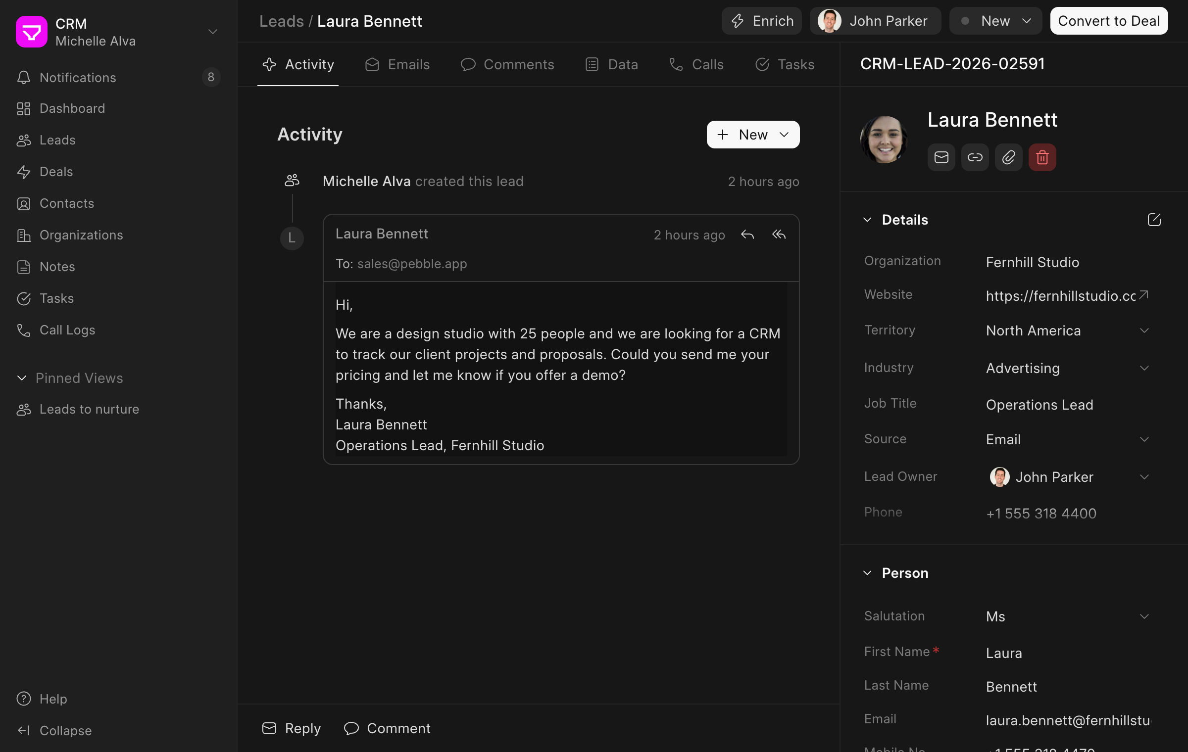 Lead created from an incoming email, with the email in its activity