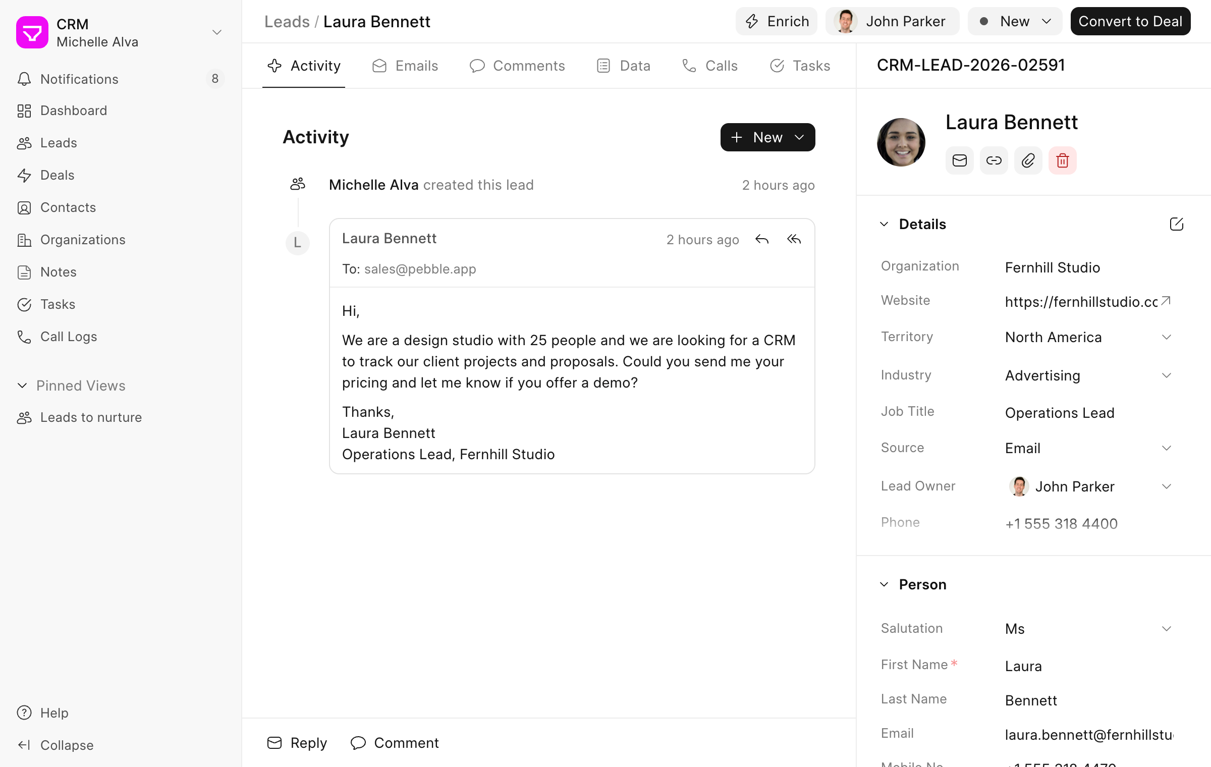 Lead created from an incoming email, with the email in its activity