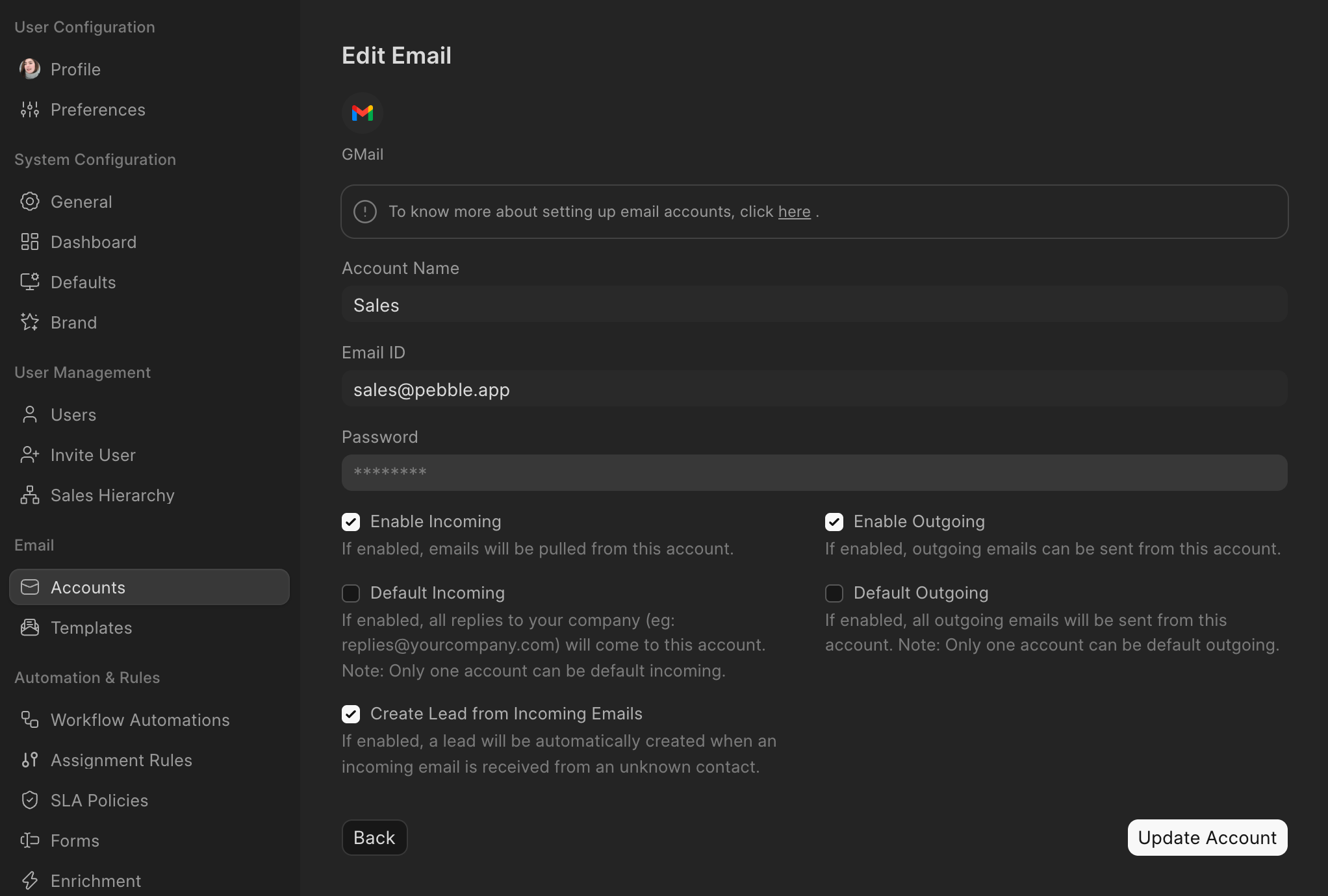 Email account with Create Lead from Incoming Emails turned on