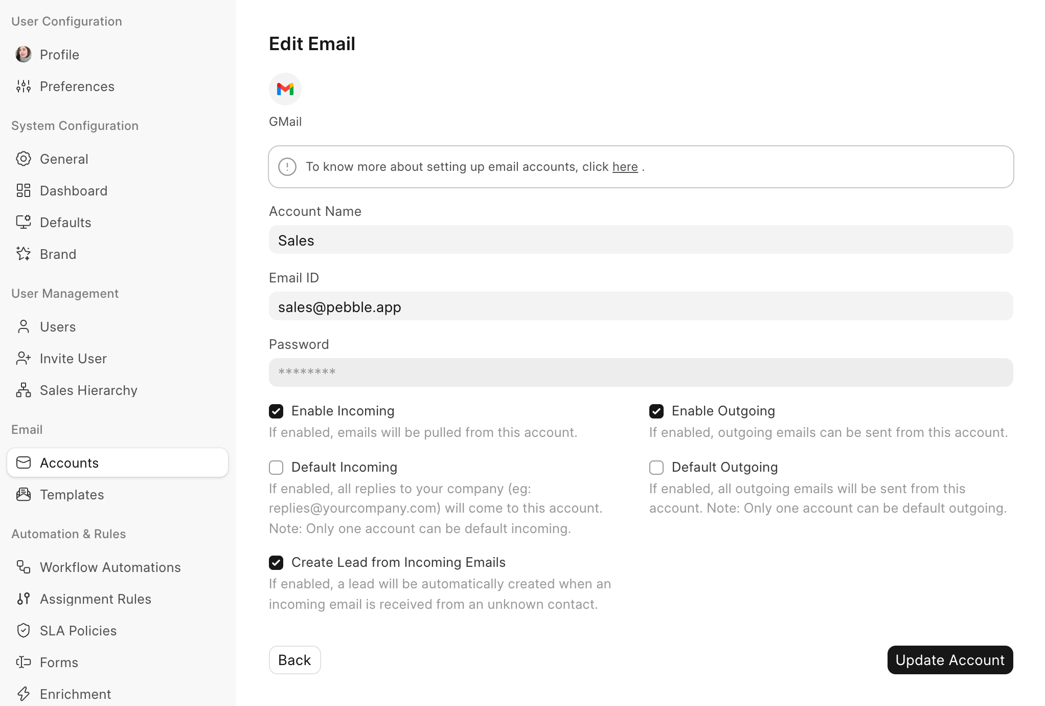 Email account with Create Lead from Incoming Emails turned on