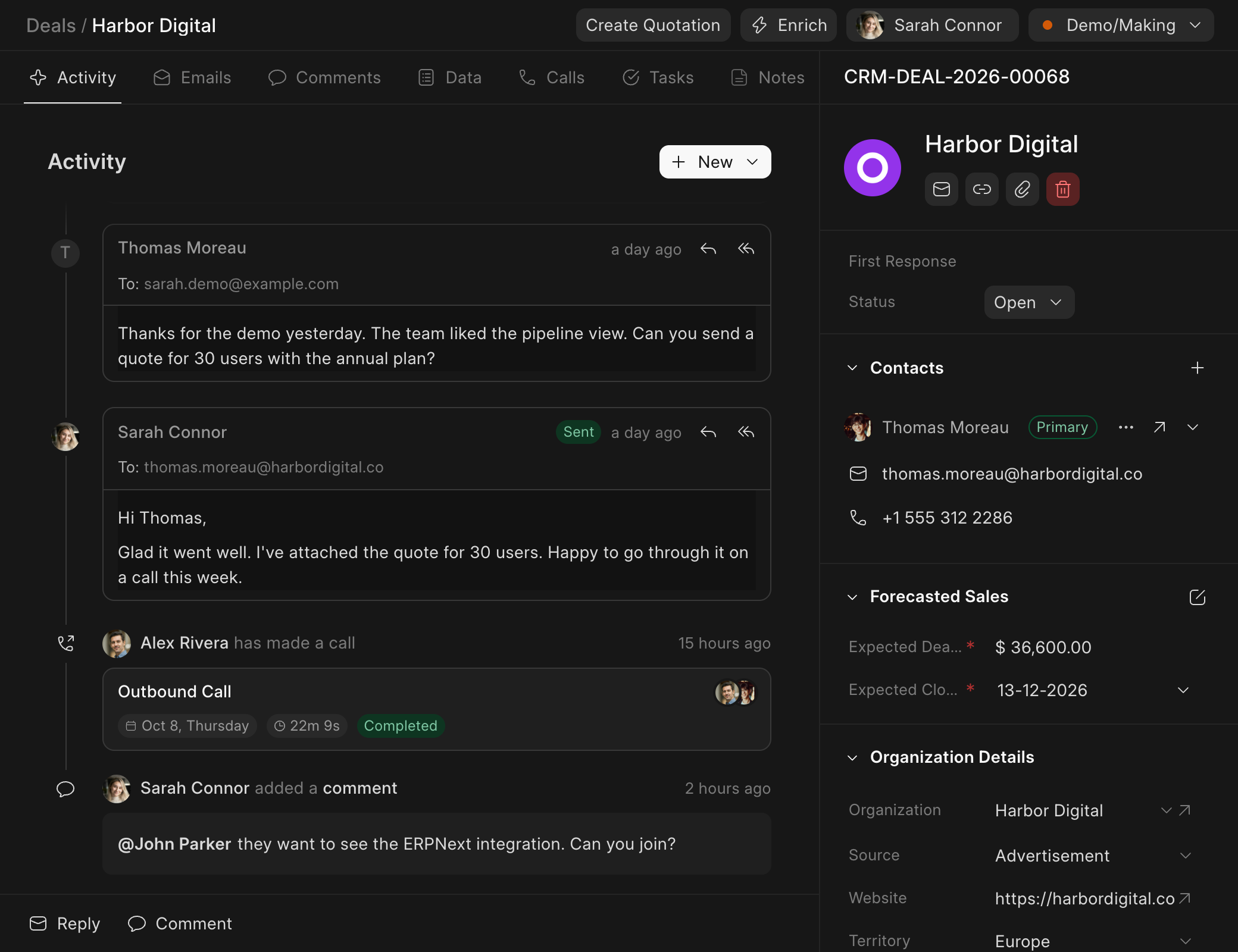 Deal page with emails, a call and a comment, and the deal's contact and value on the right