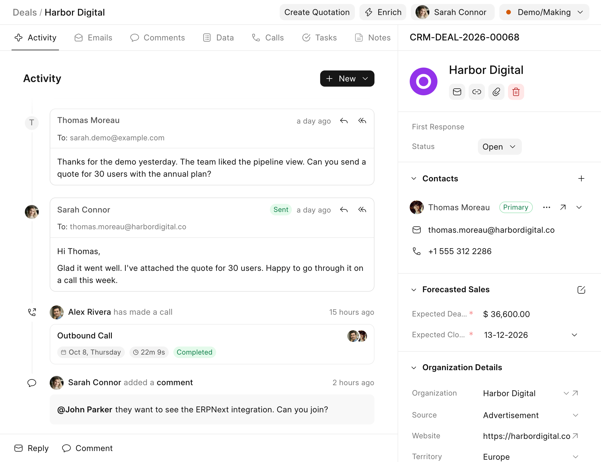 Deal page with emails, a call and a comment, and the deal's contact and value on the right