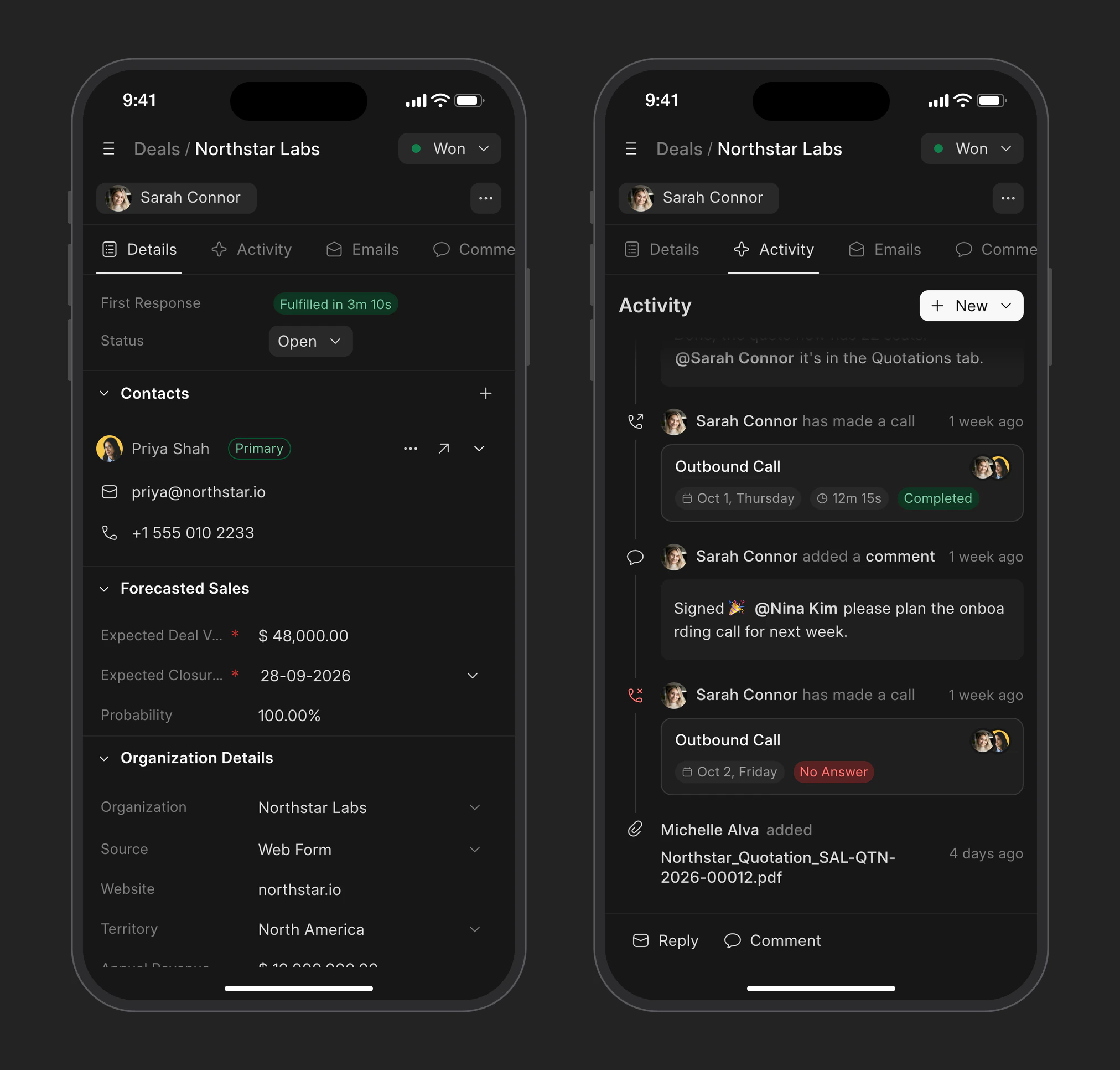 A deal in Frappe CRM on a phone: the details and the activity