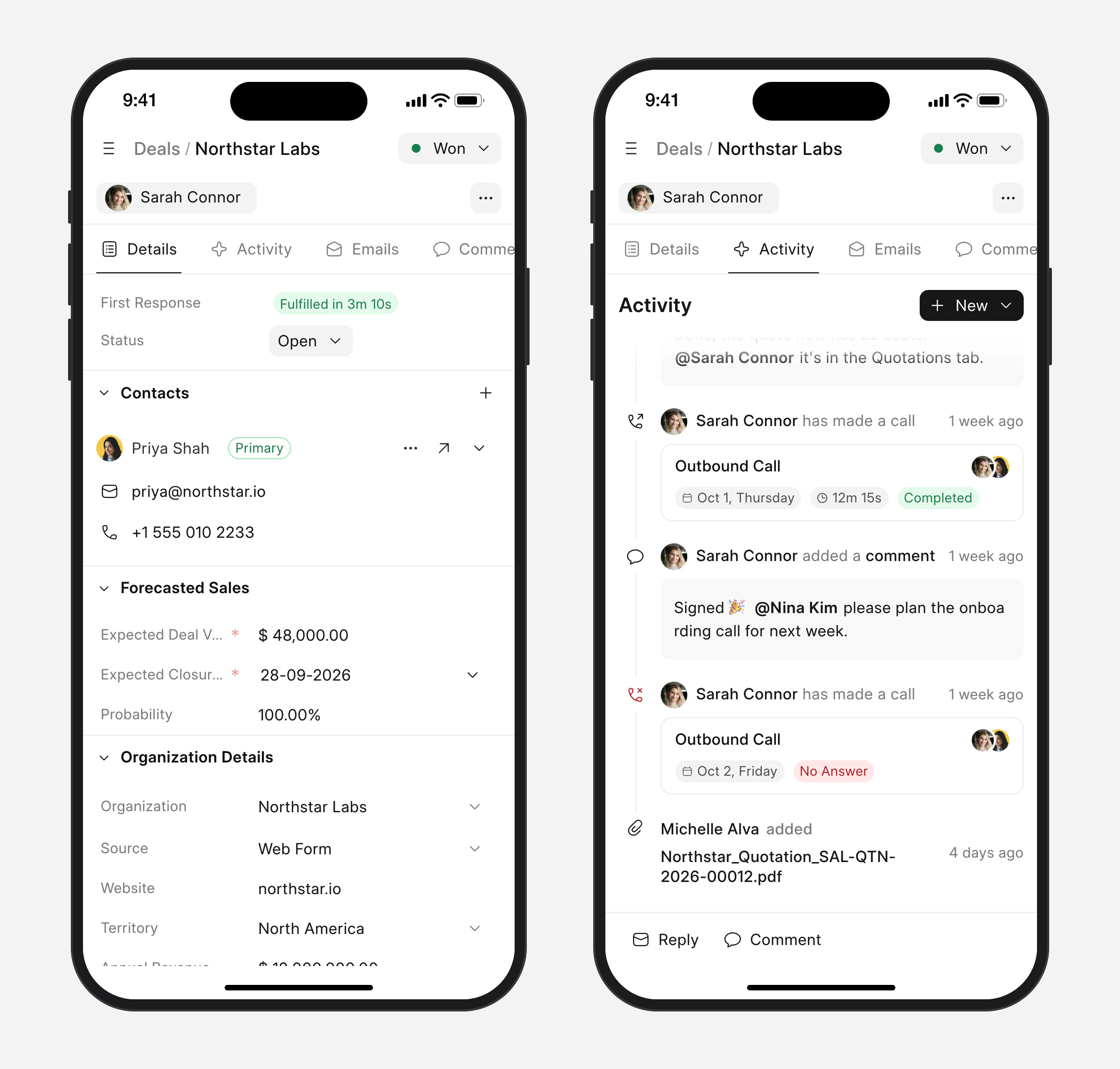 A deal in Frappe CRM on a phone: the details and the activity