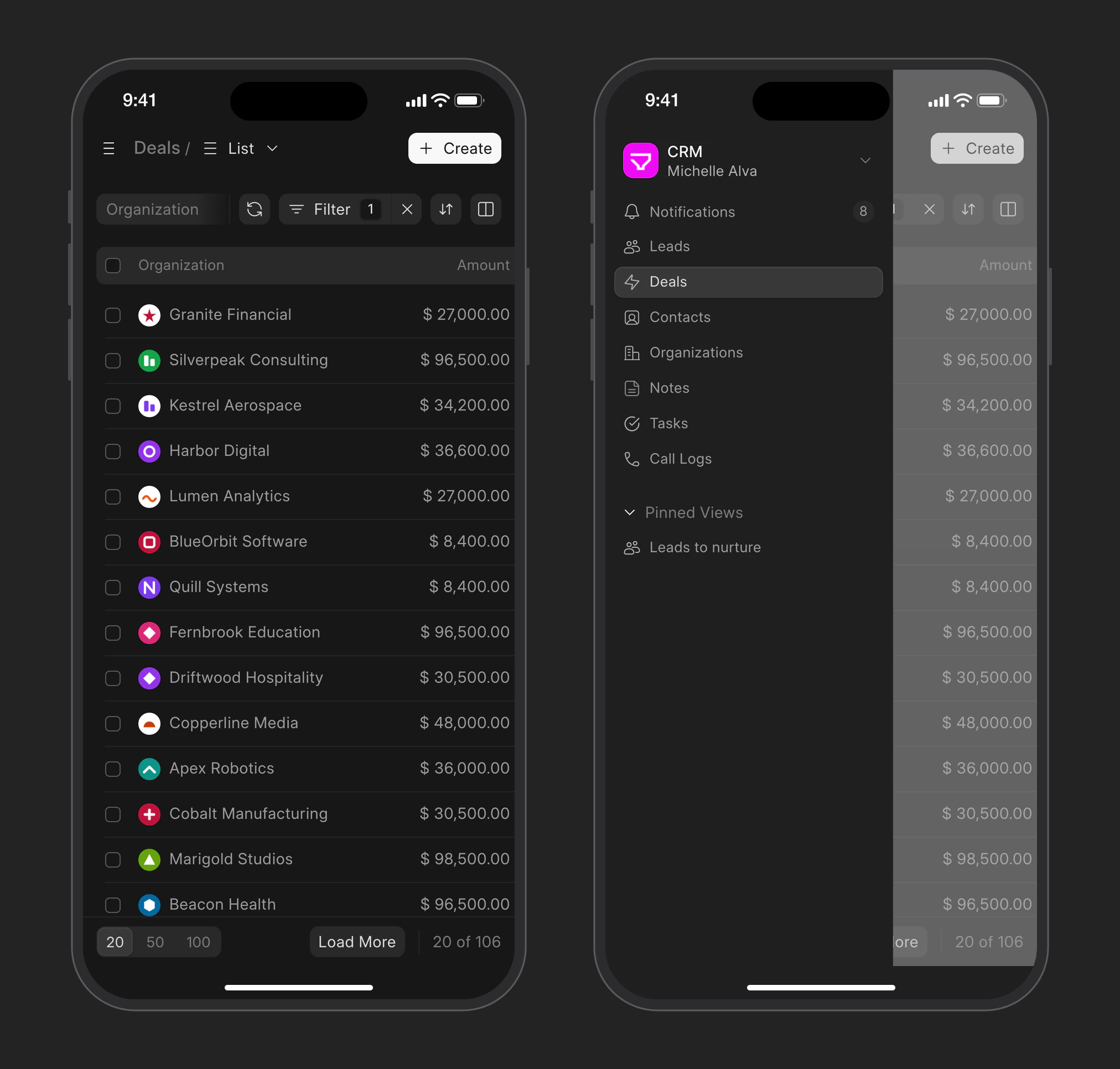Frappe CRM on a phone: the deals list and the menu