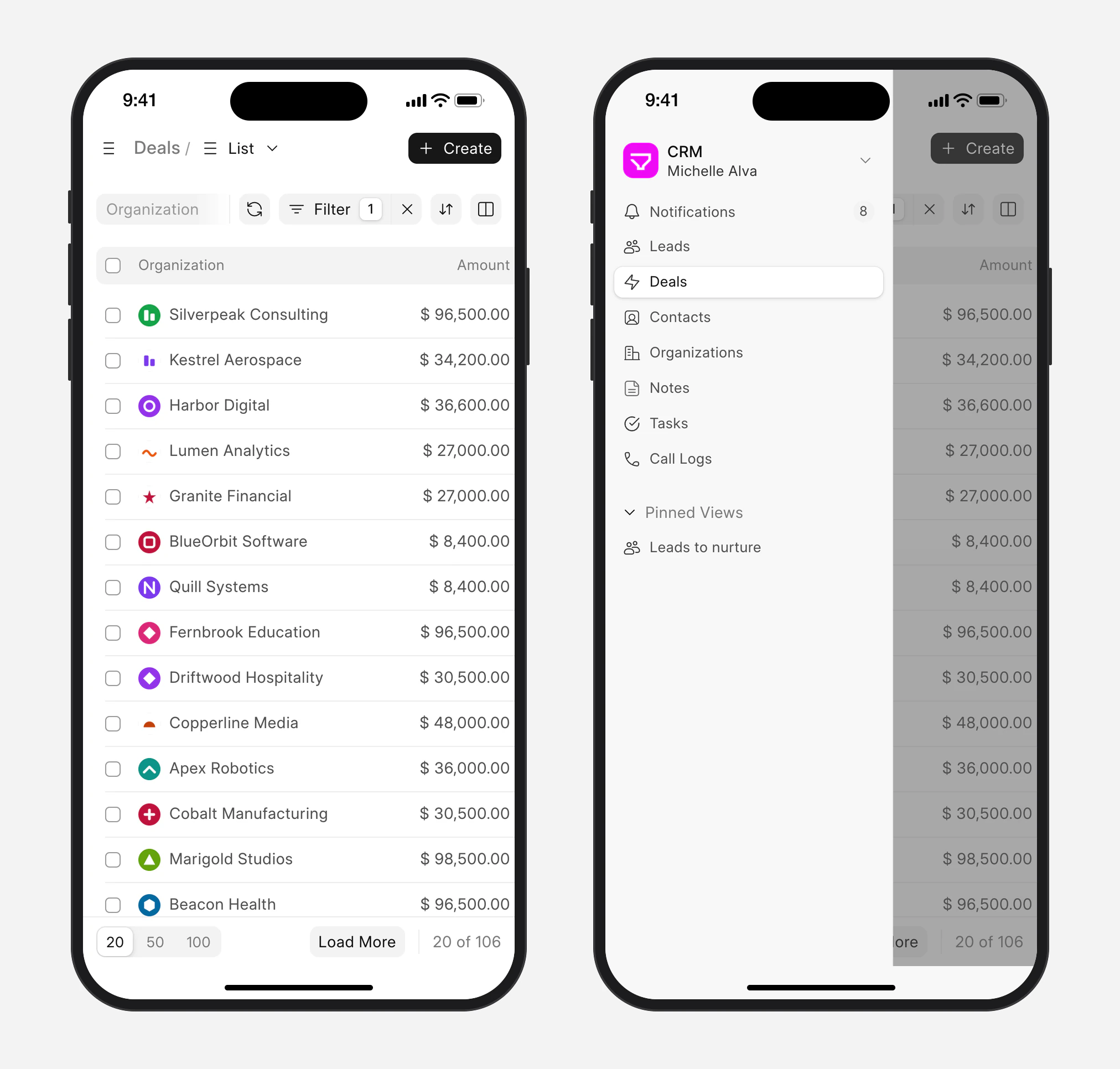 Frappe CRM on a phone: the deals list and the menu