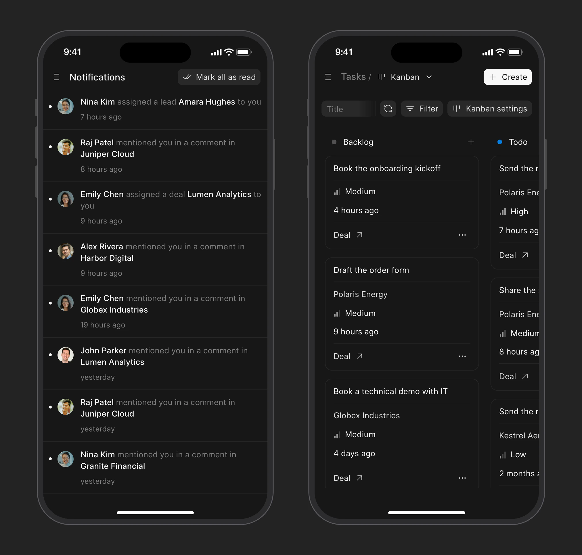 Notifications and the tasks board in Frappe CRM on a phone