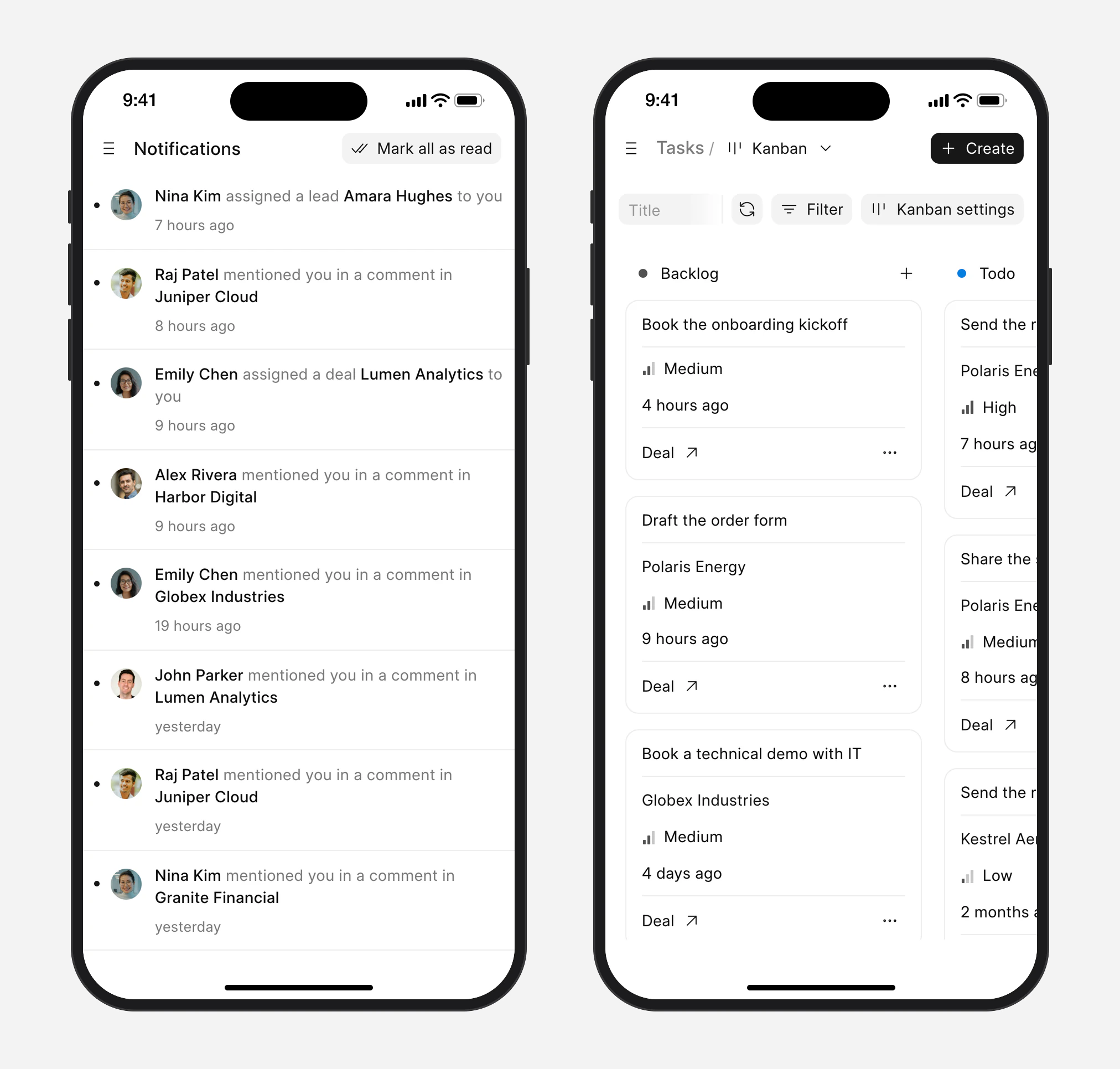 Notifications and the tasks board in Frappe CRM on a phone
