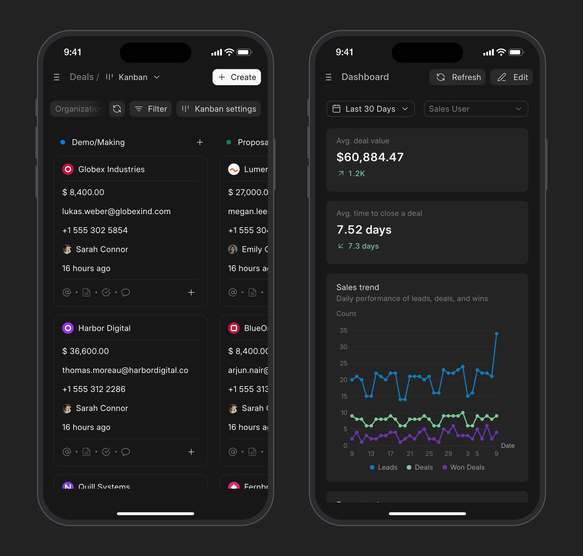 The deals kanban board and the dashboard in Frappe CRM on a phone