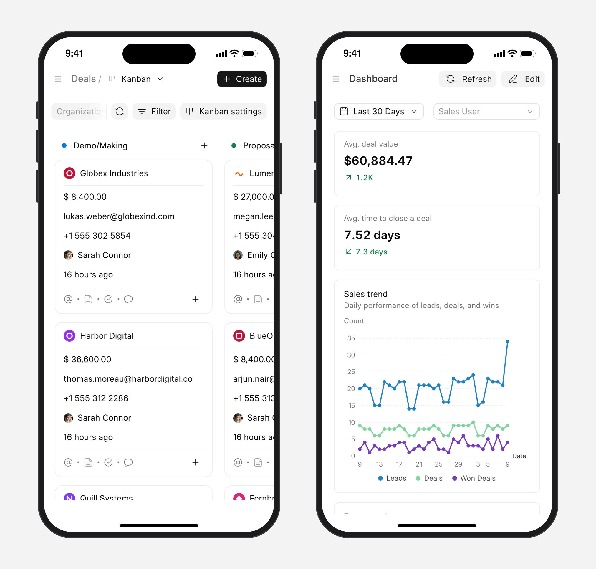 The deals kanban board and the dashboard in Frappe CRM on a phone