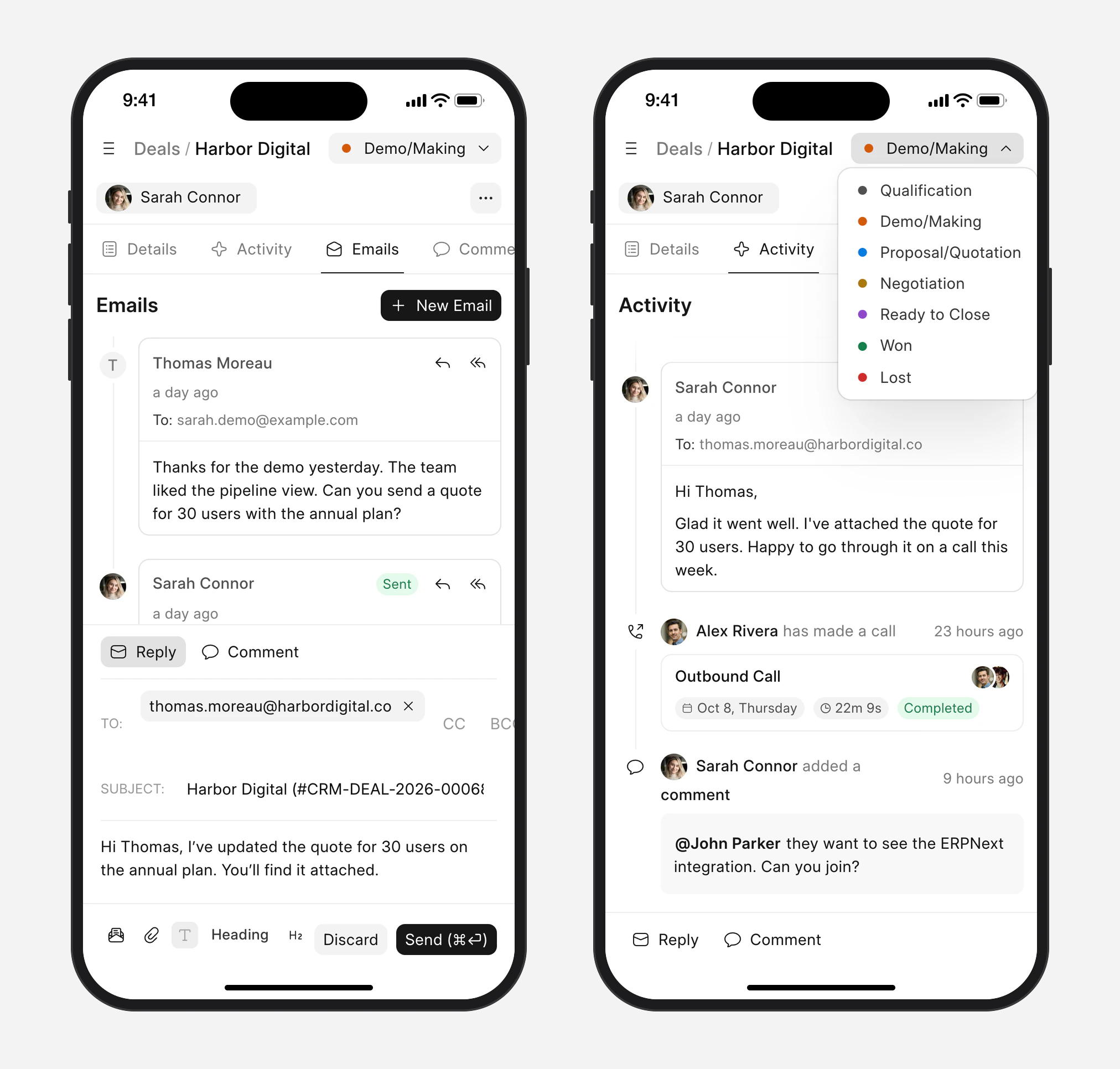 Replying to an email and changing a deal’s stage in Frappe CRM on a phone