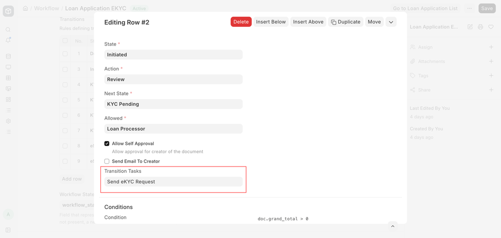 Adding a 'Send eKYC Request' transition task to a Loan Application workflow
