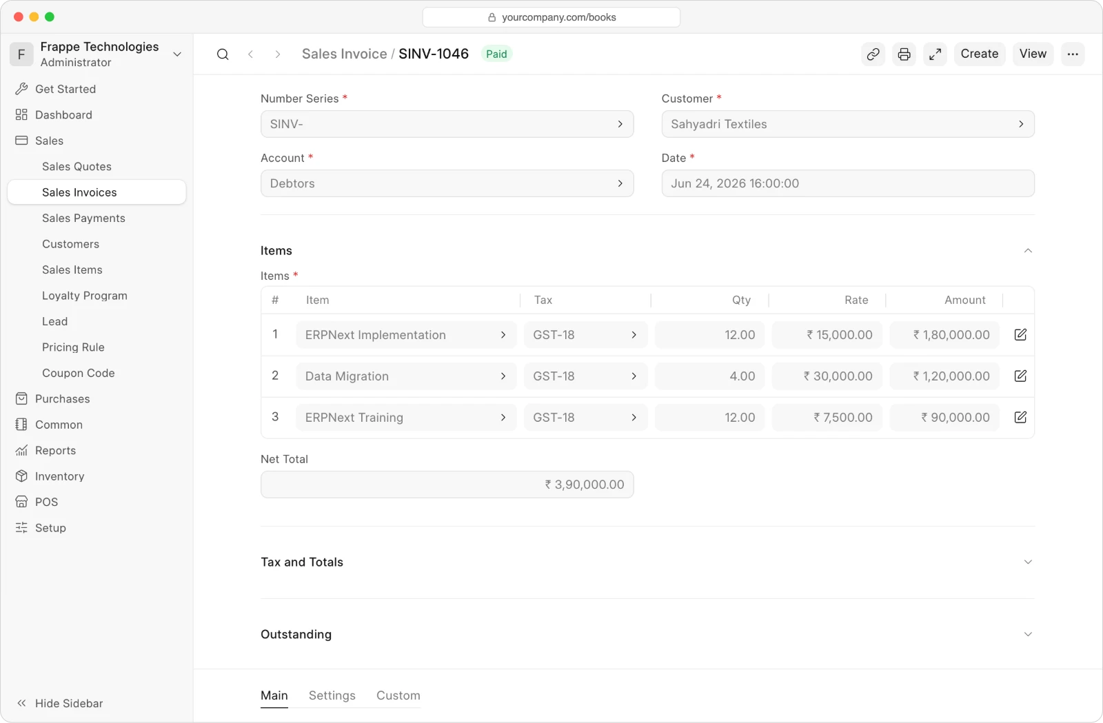 Sales invoice in Frappe Books