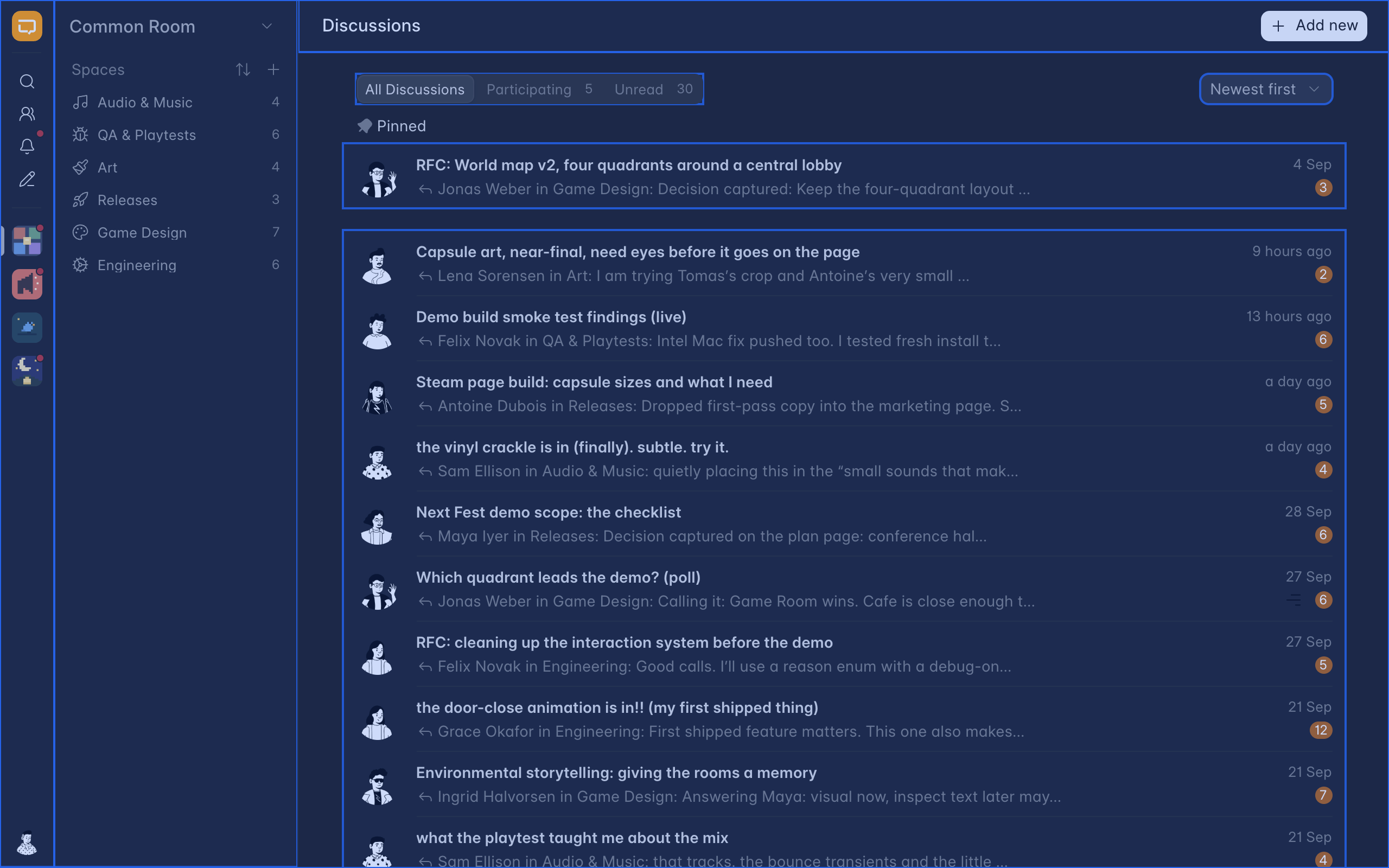Gameplan's discussions screen with every Frappe UI component outlined in blue.