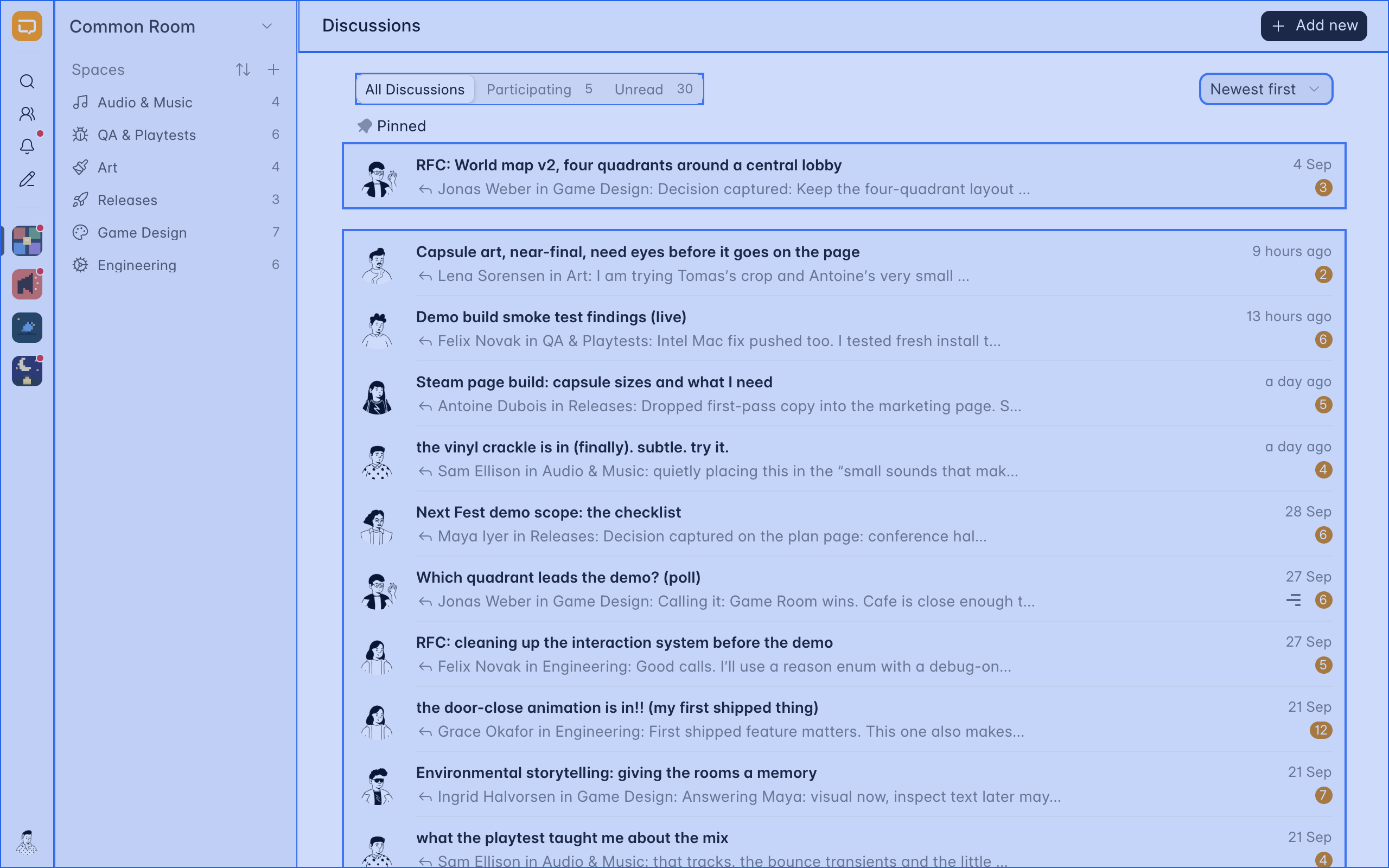 Gameplan's discussions screen with every Frappe UI component outlined in blue.