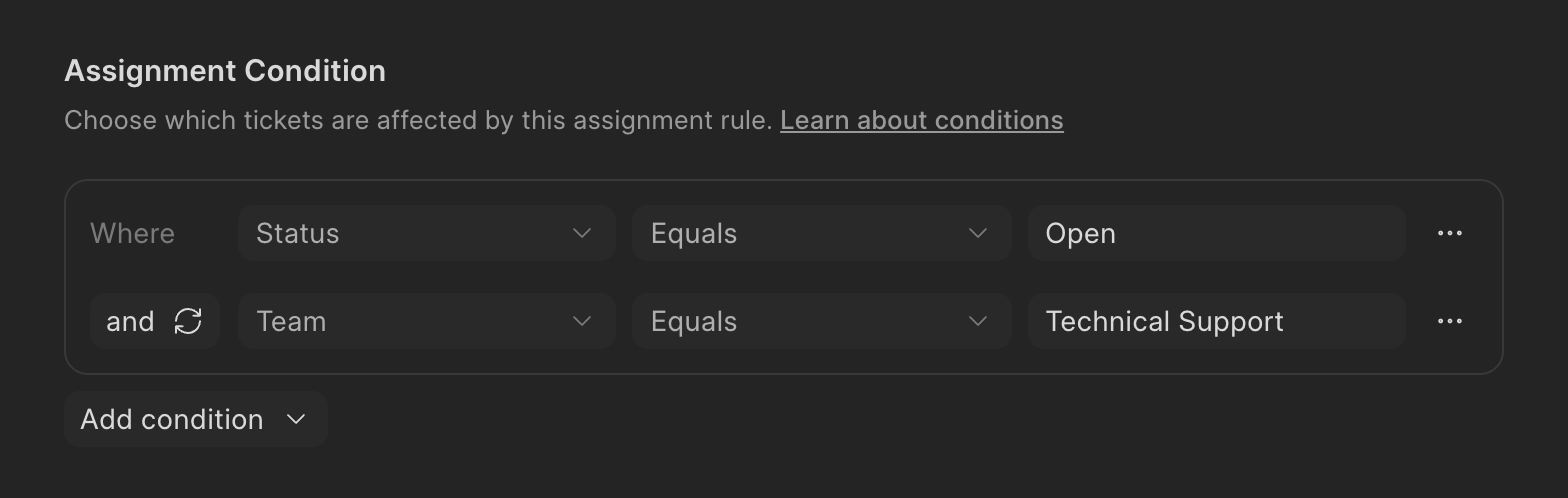 Assignment rule condition in Frappe Helpdesk: status is Open and team is Technical Support