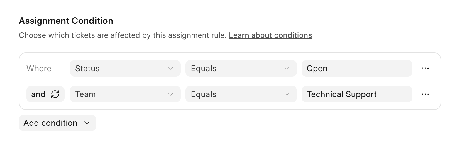 Assignment rule condition in Frappe Helpdesk: status is Open and team is Technical Support