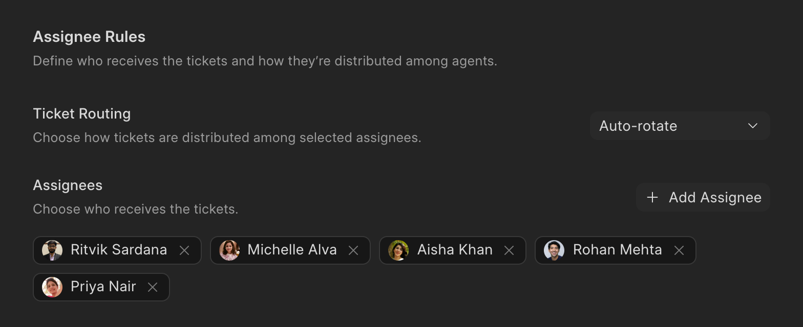 Assignee settings in Frappe Helpdesk: ticket routing set to Auto-rotate with five agents