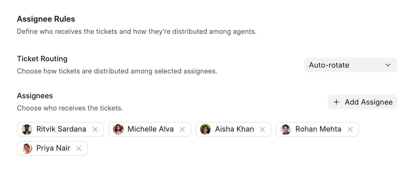 Assignee settings in Frappe Helpdesk: ticket routing set to Auto-rotate with five agents