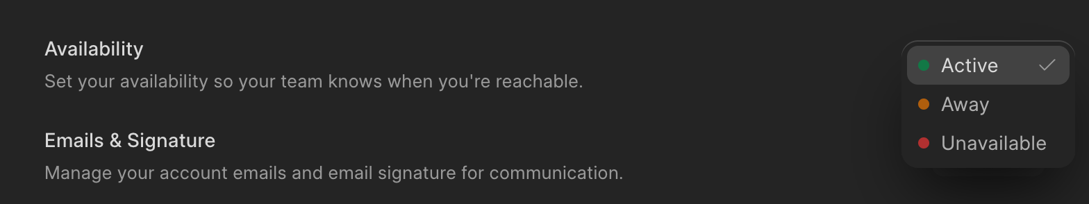 Availability menu in Frappe Helpdesk: Active, Away and Unavailable