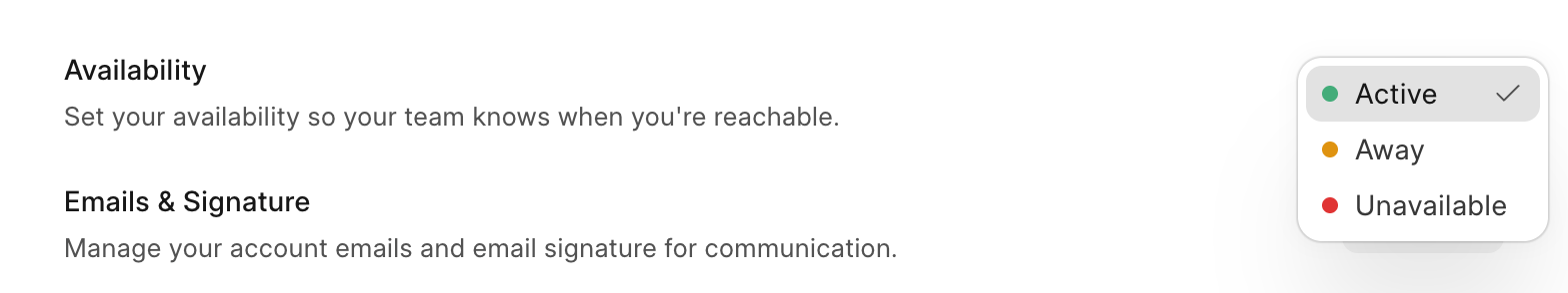 Availability menu in Frappe Helpdesk: Active, Away and Unavailable