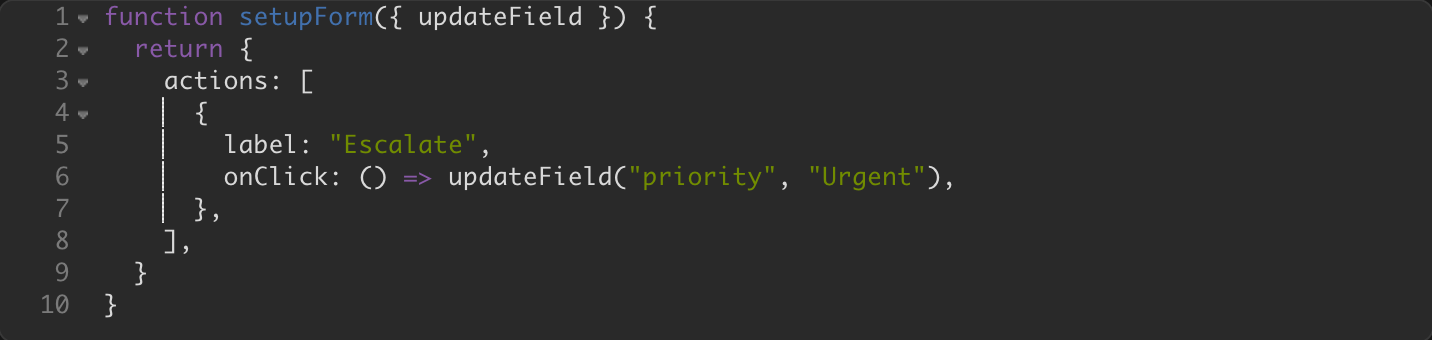 Form script code that adds an Escalate button and sets the ticket priority to Urgent