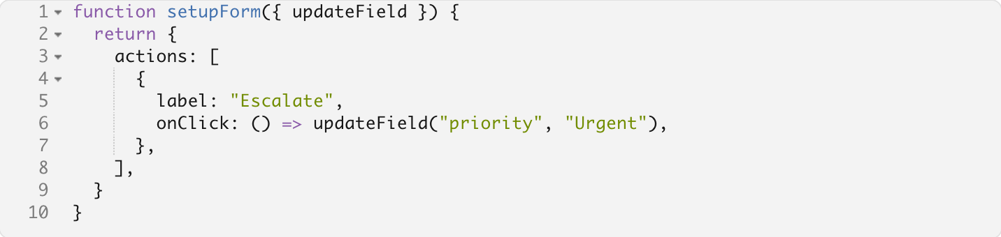 Form script code that adds an Escalate button and sets the ticket priority to Urgent
