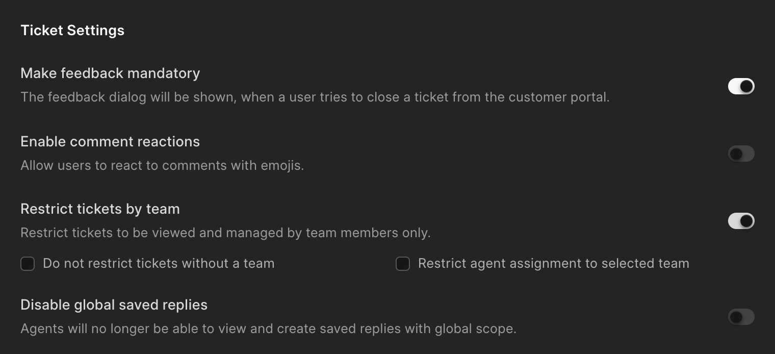 Ticket settings in Frappe Helpdesk with Restrict tickets by team turned on