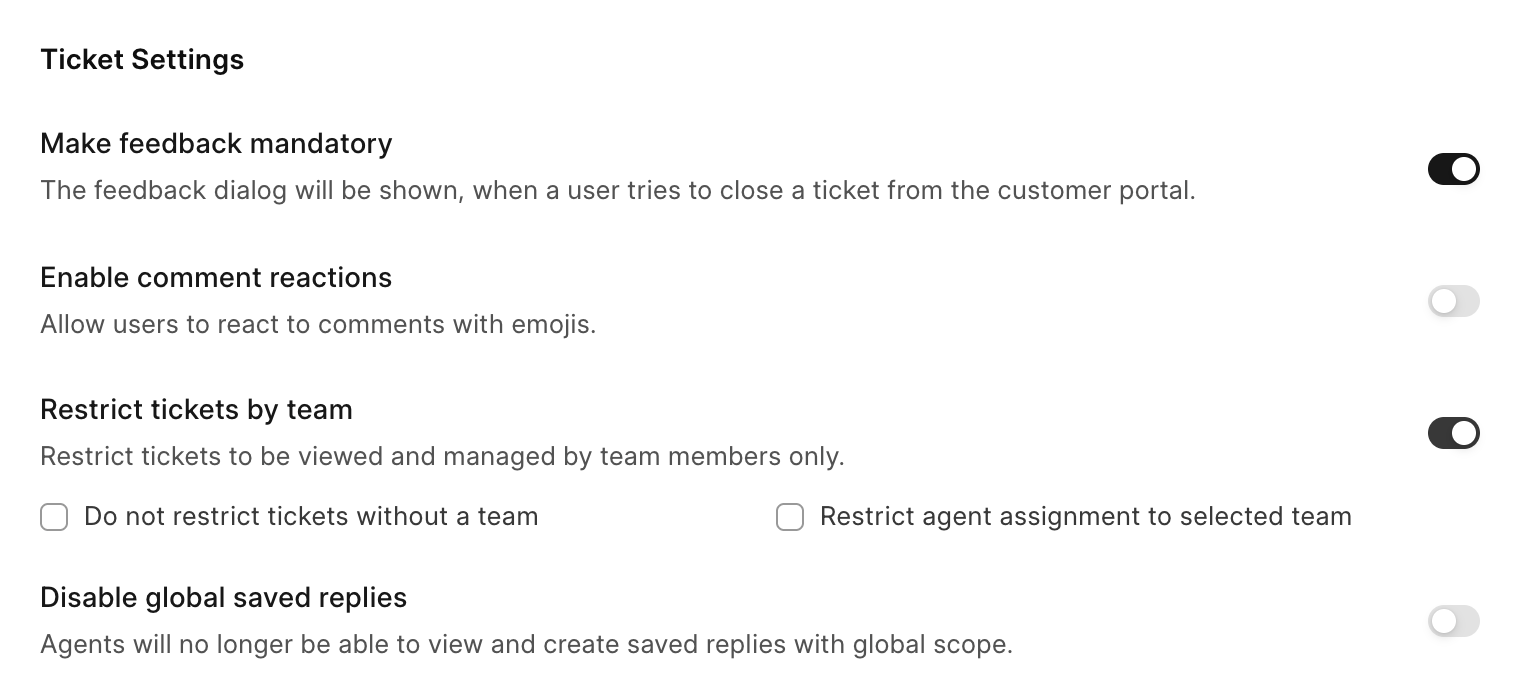 Ticket settings in Frappe Helpdesk with Restrict tickets by team turned on