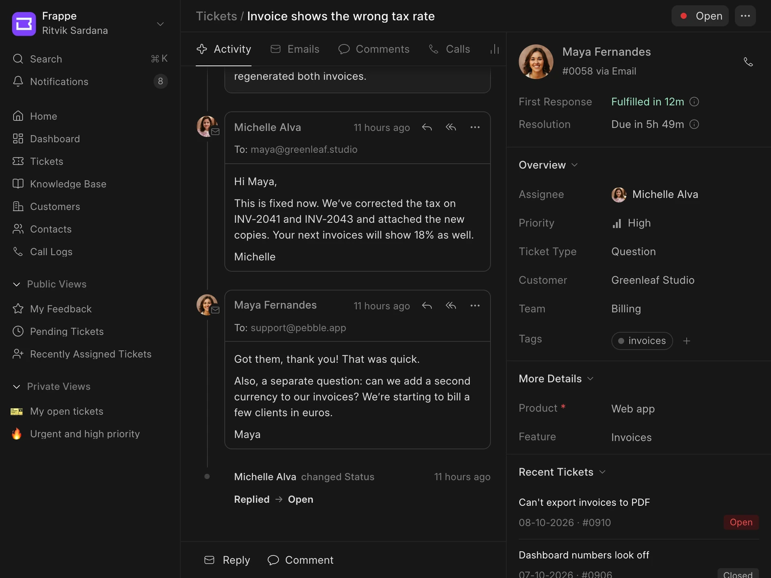A ticket in Frappe Helpdesk with the contact, their customer and their recent tickets in the sidebar